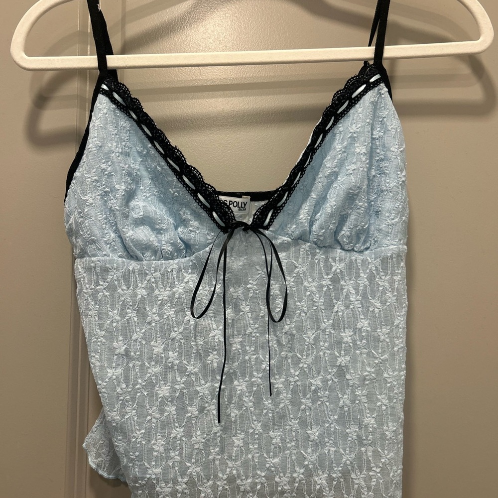Princess Polly Light Blue Lace Trim Tank Top with Black Accents